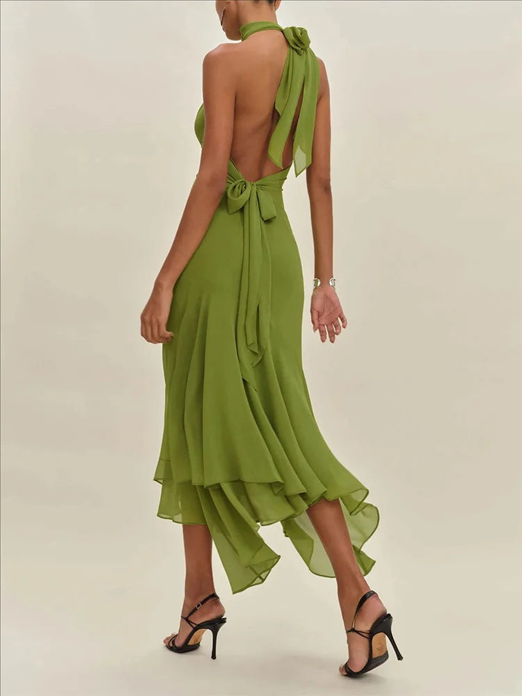 Vestido Gasa Halter Espalda Descubierta