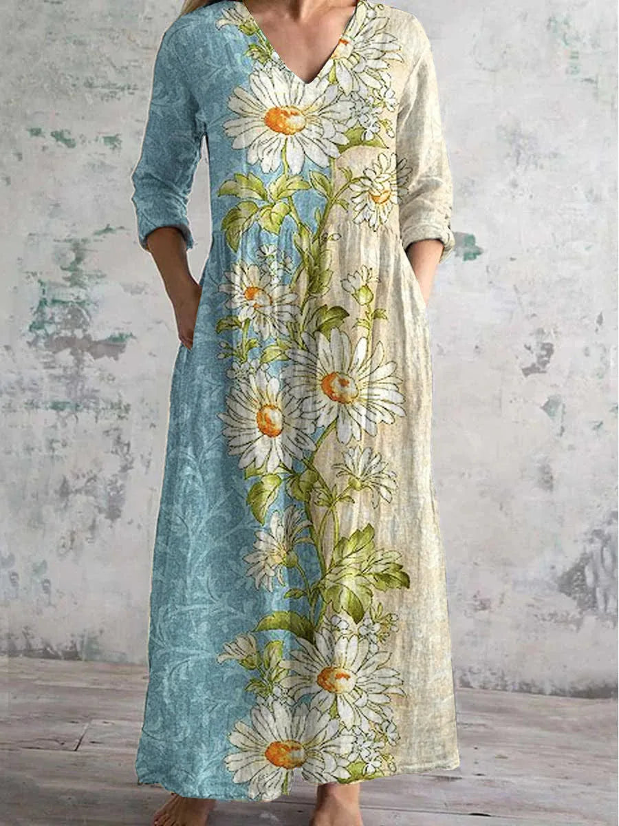 Vestido Cuello V Manga Larga Estampado