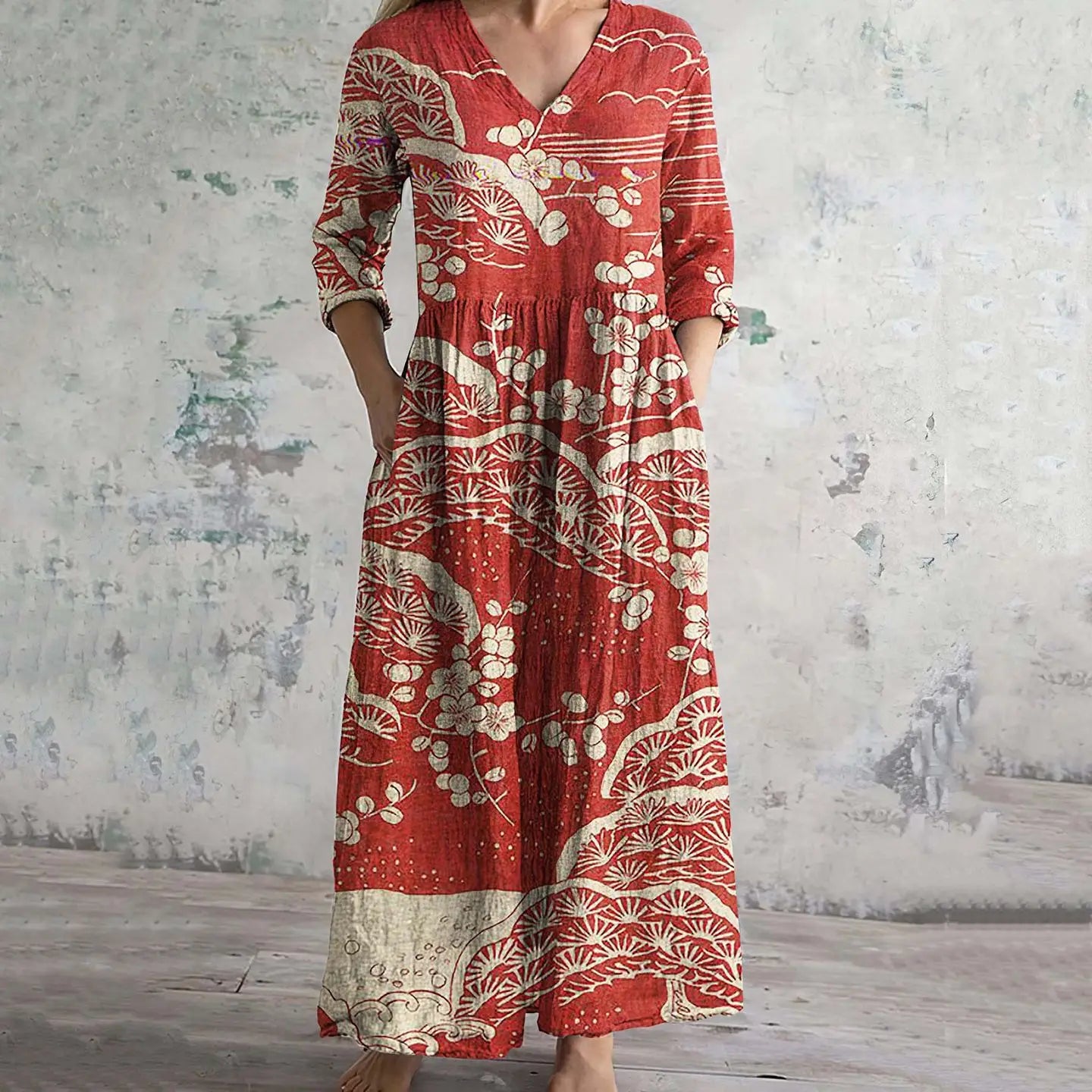 Vestido Cuello V Manga Larga Estampado