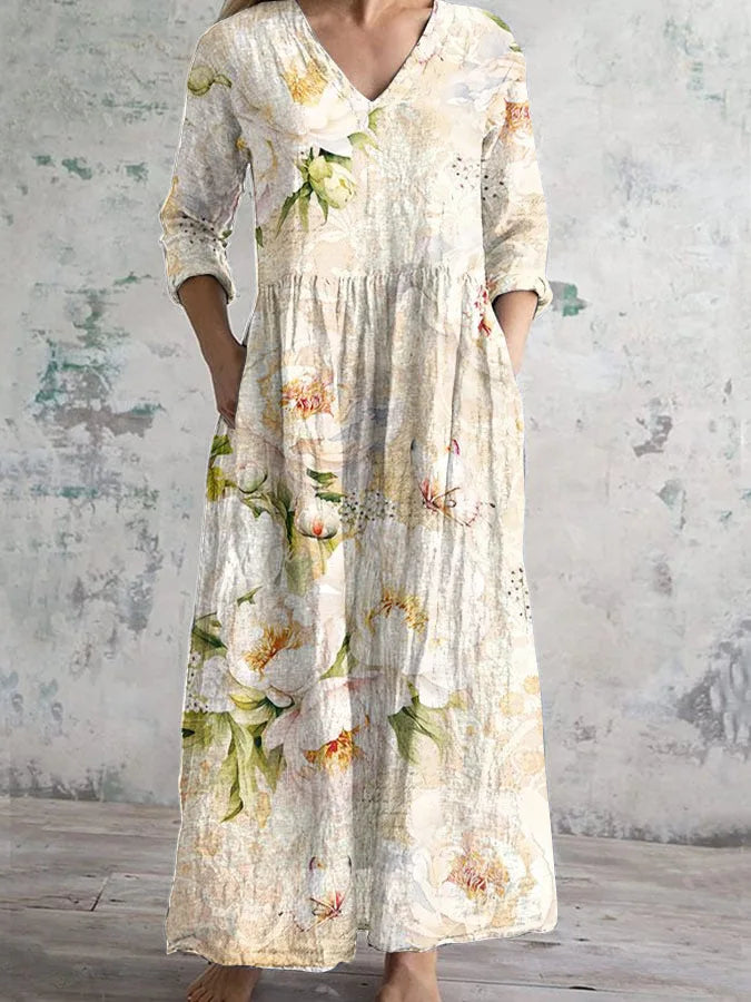 Vestido Cuello V Manga Larga Estampado