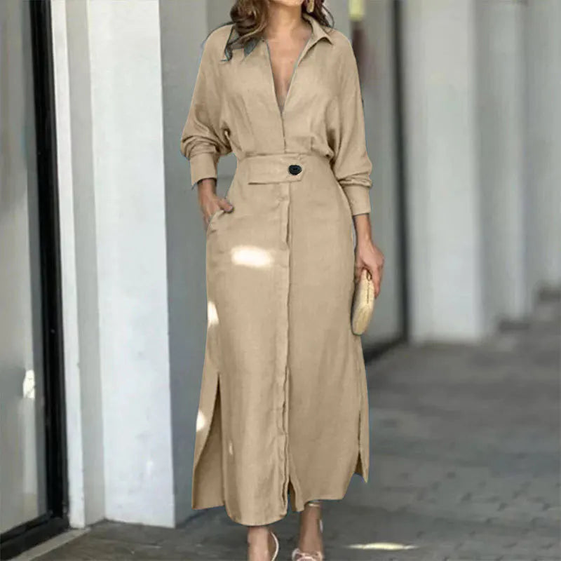 Vestido Cuello V Manga Larga Liso