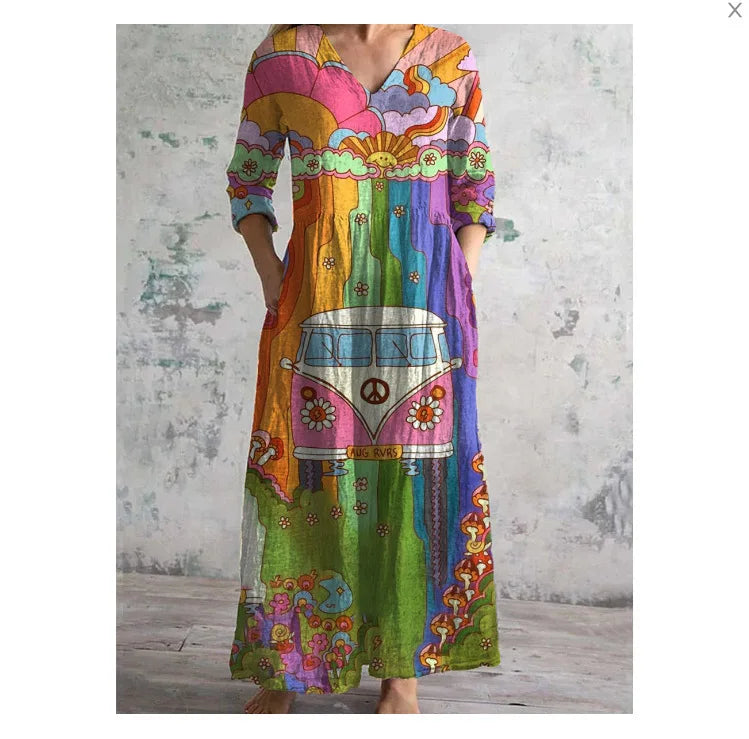 Vestido Cuello V Manga Larga Estampado