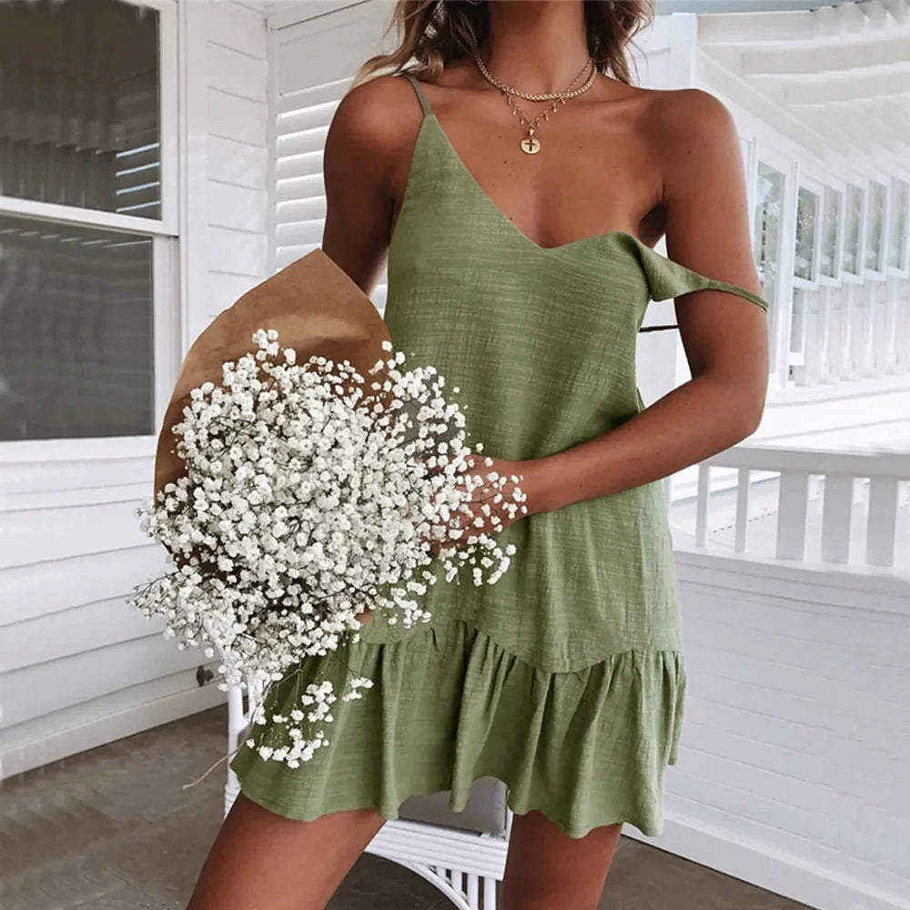 Vestido Lino Hombros Descubiertos Olanes