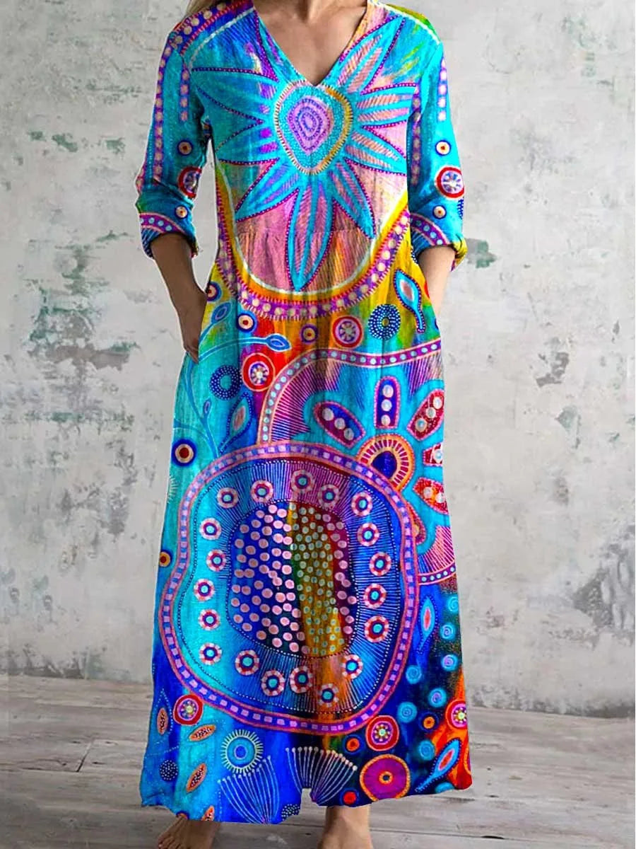 Vestido Cuello V Manga Larga Estampado