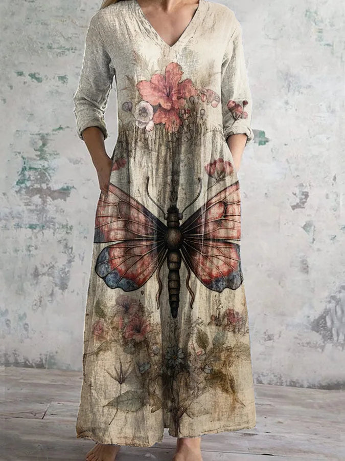 Vestido Cuello V Manga Larga Estampado