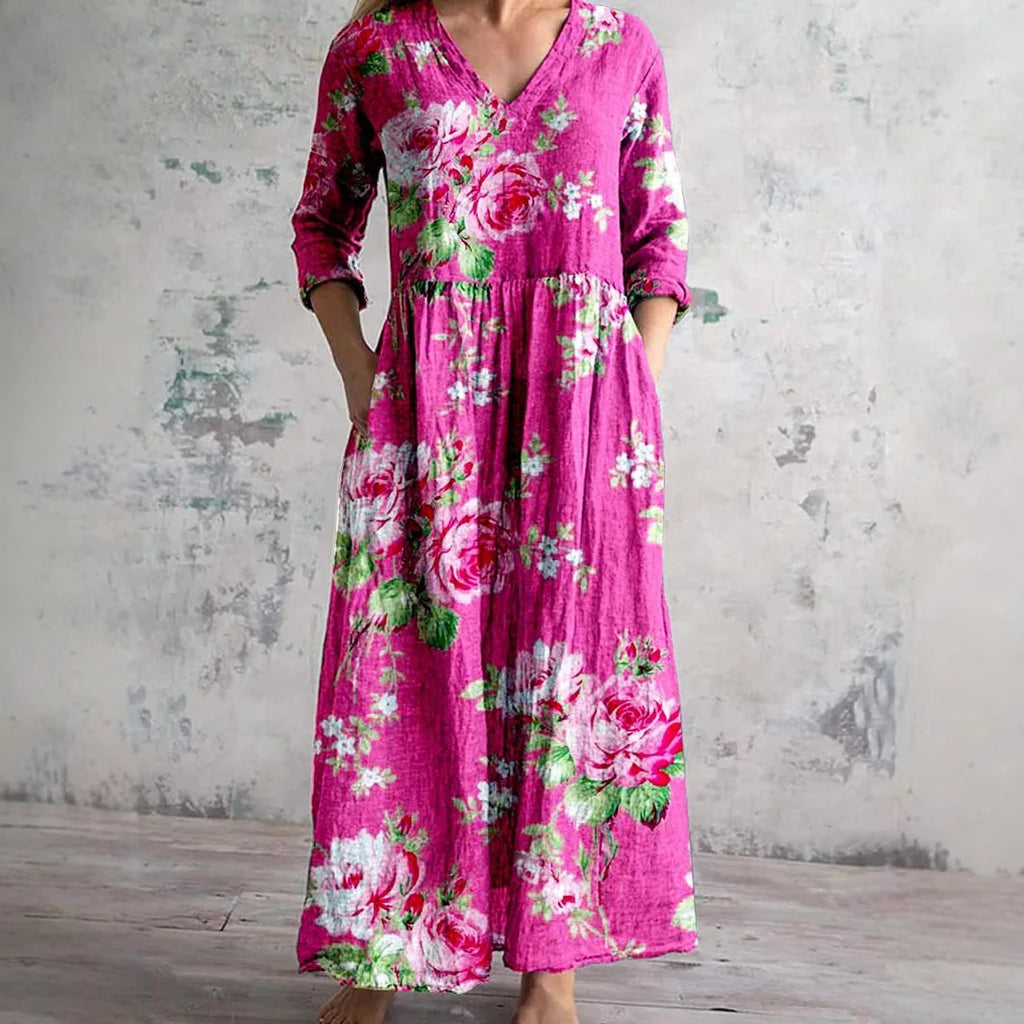 Vestido Cuello V Manga Larga Estampado