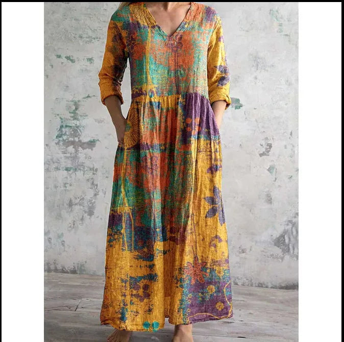 Vestido Cuello V Manga Larga Estampado