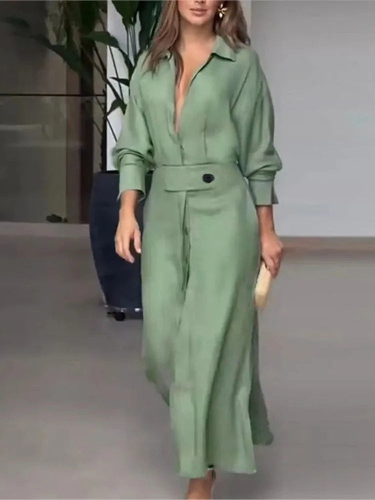 Vestido Cuello V Manga Larga Liso