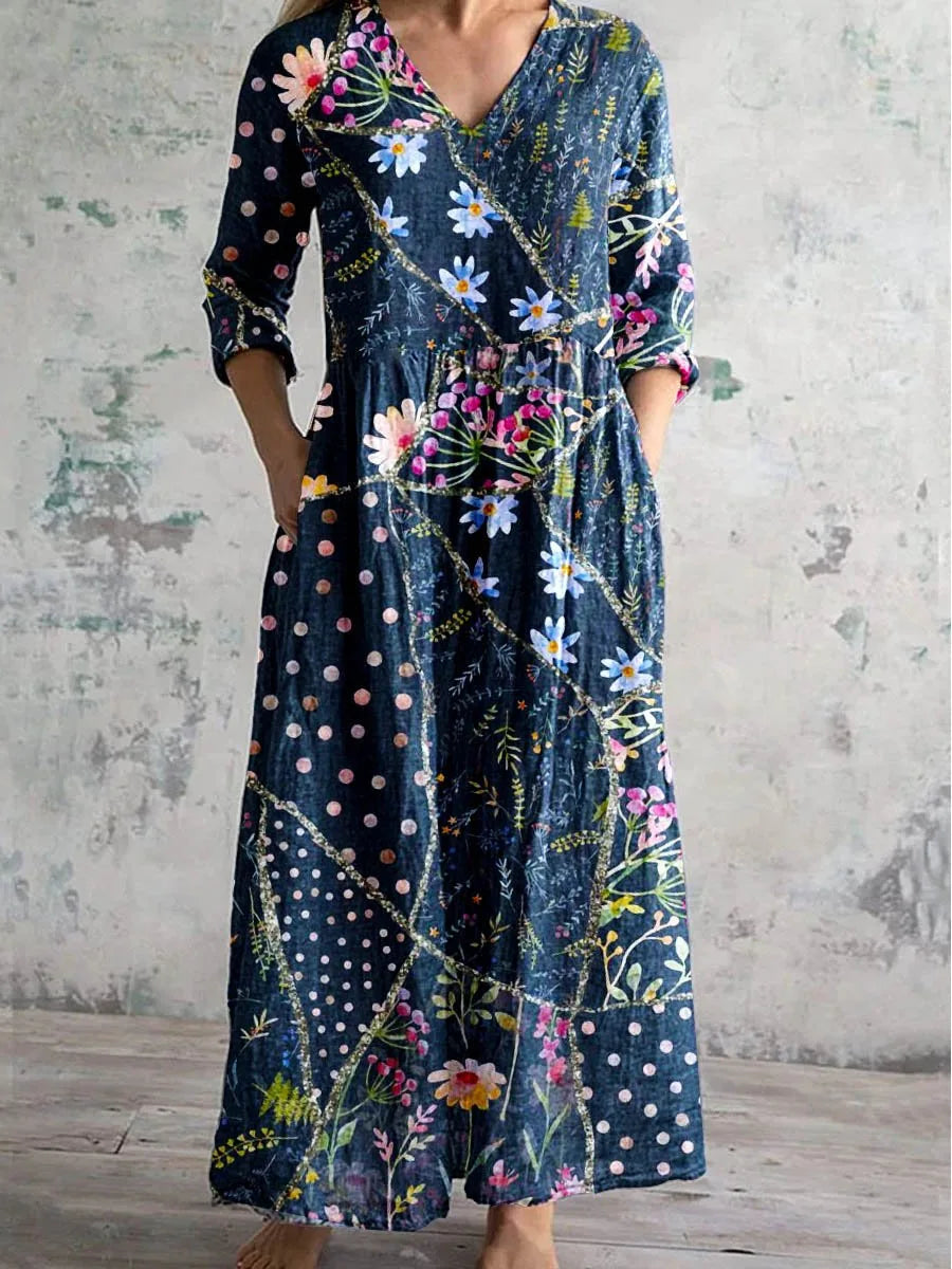 Vestido Cuello V Manga Larga Estampado