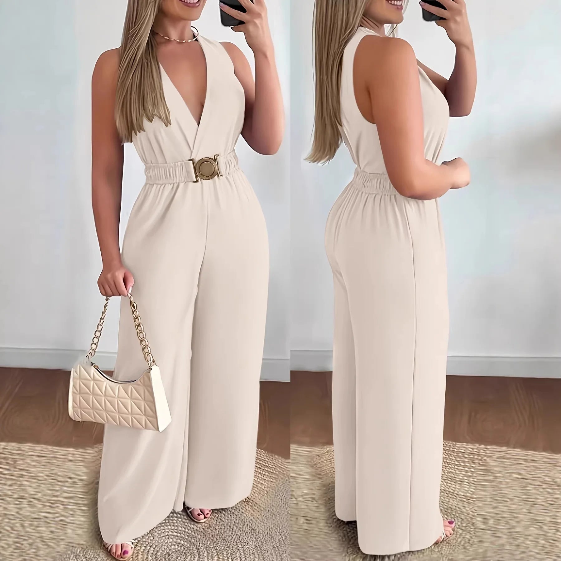 Jumpsuit Cuello V Pierna Ancha Sin Mangas