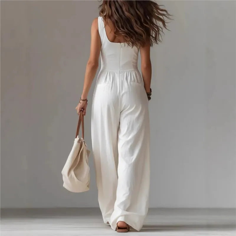 Jumpsuit Cuello V Pierna Ancha Sin Mangas Liso