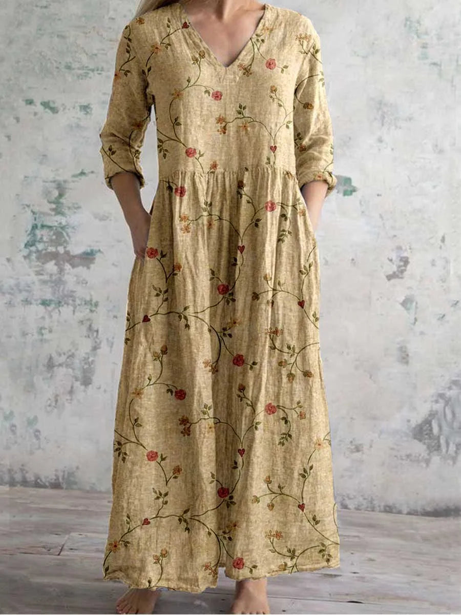 Vestido Cuello V Manga Larga Estampado