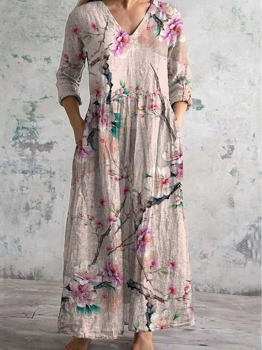Vestido Cuello V Manga Larga Estampado