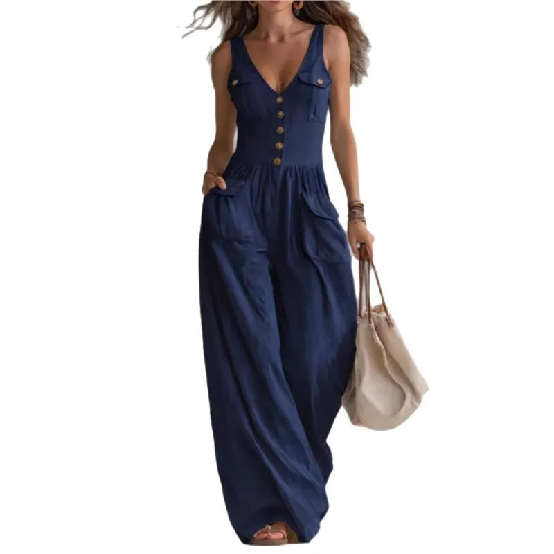 Jumpsuit Cuello V Pierna Ancha Sin Mangas Liso