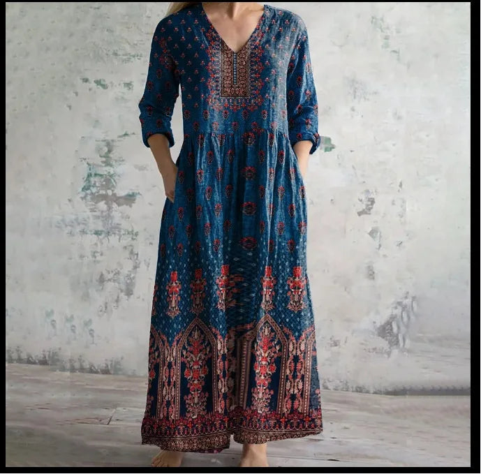 Vestido Cuello V Manga Larga Estampado